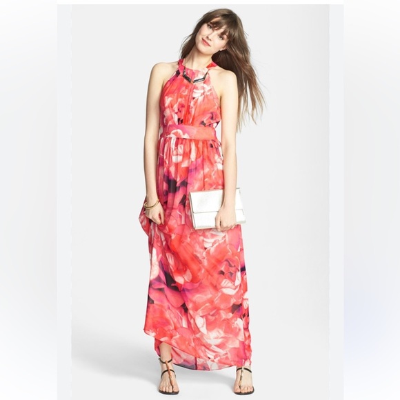 Eliza J Halter Floral Maxi Dress Pink Orange Size 10 - Picture 4 of 11